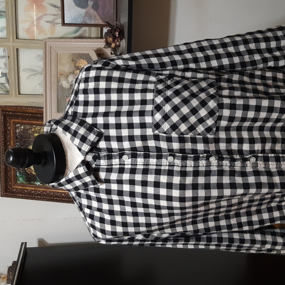 Womens Black White Square print button up Collared shirt long sleeve Large 12-14